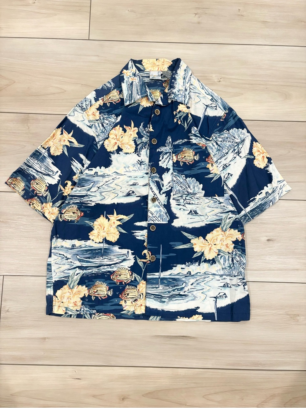 Ocean Pacific Vintage Surfwear Mens Navy Blue Hawaiian Button-Down Shirt Floral